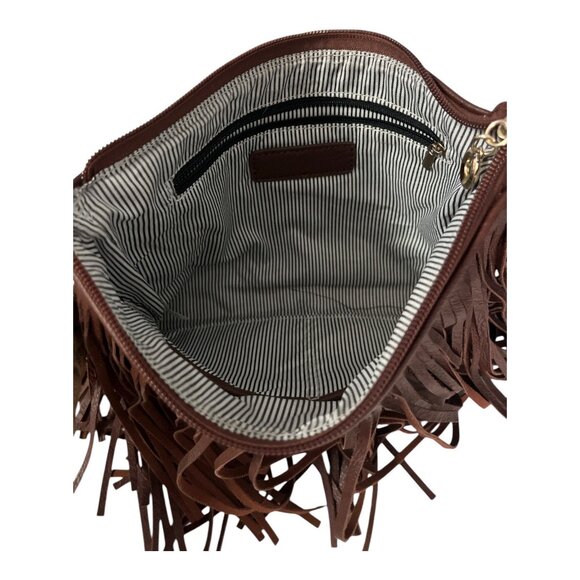 Brown Faux Leather Fringe Crossbody Bag – Boho Western Style – Gold Chain Strap - Picture 2 of 4